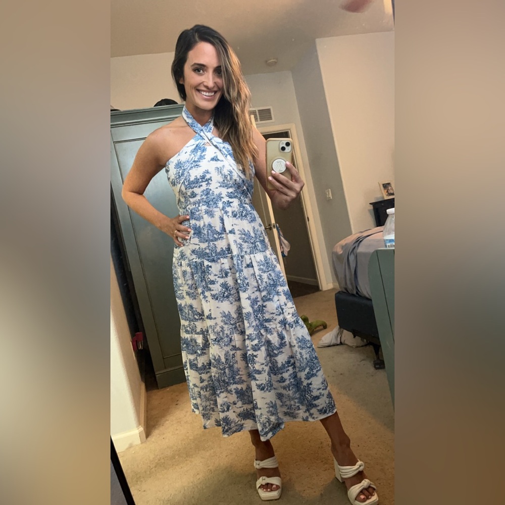 Blue and White Halter Maxi Dress - Classic Toile Print